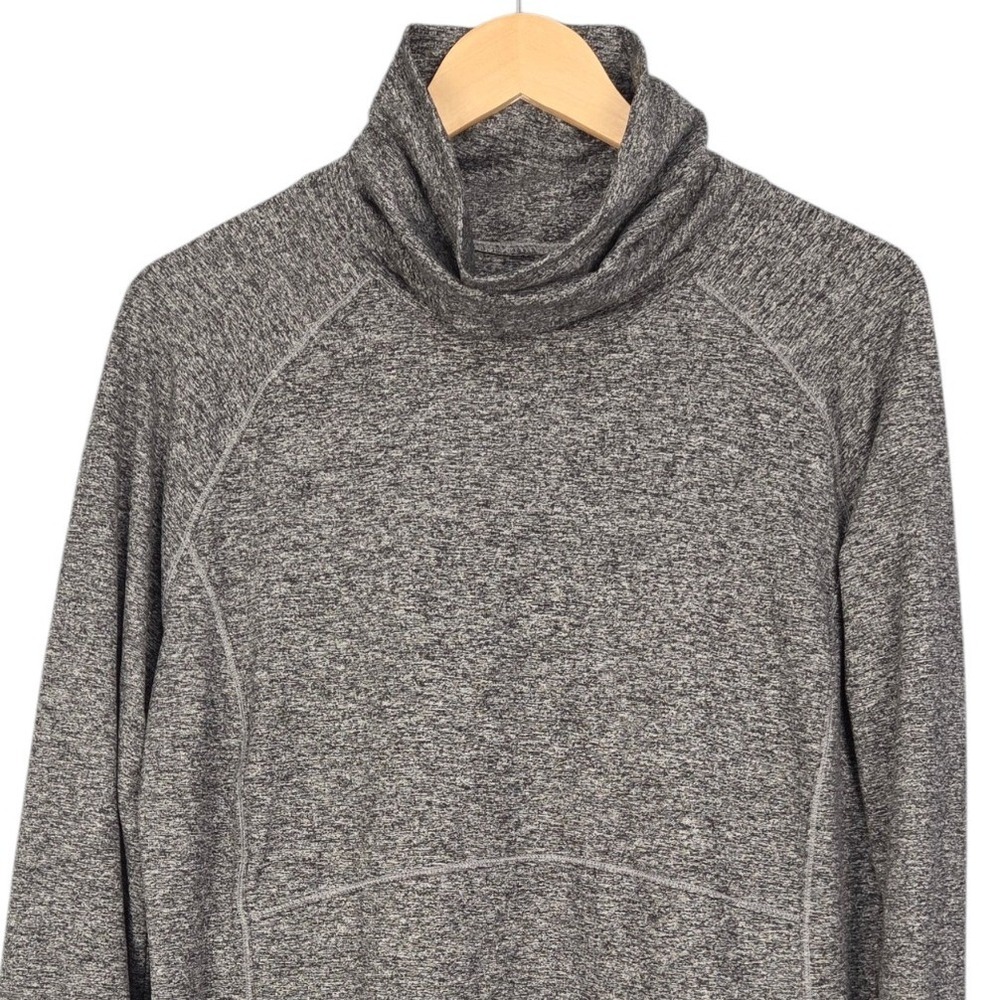 Duluth Trading Pullover Women Large Black Gray Cowl Neck Tunic Thumbhole Stretch